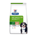 Hills Prescription Diet Digestive Care dry dog food packaged in a white bag with an adult Bernese mountain dog pictured on the bag. Text on bag says 'Hill's Prescription Diet, Metabolic +Mobility' and 'Weight J/D, Veterinarian recommended' pictured on white background. 