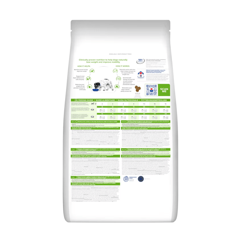 Back view of bag of Hills Prescription Diet Metabolic + Mobility Mini dry food packaged in a white bag on white background.
