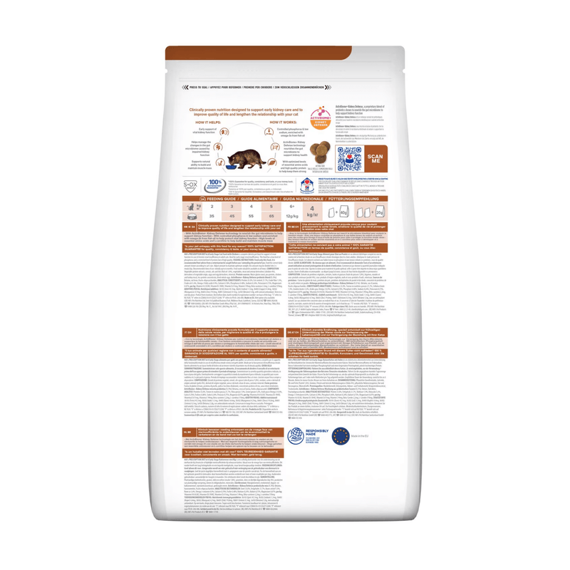 Back view of bag of Hills Prescription Diet Early Stage Kidney Care dry cat food packaged in a white bag on white background.