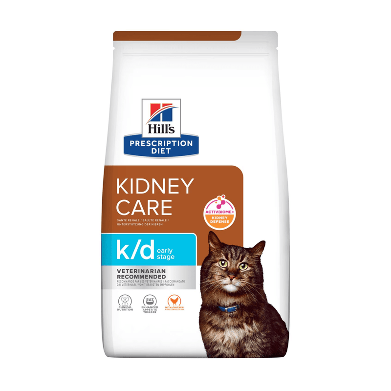 Hills Prescription Diet K/D Early Stage Kidney Care dry cat food packaged in a white bag with an adult brown tabby cat pictured on the bag. Text on bag says 'Hill's Prescription Diet, Kidney Care' and 'K/D Early Stage', Veterinarian recommended' pictured on white background. 