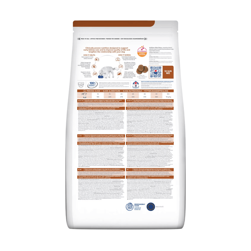 Back view of bag of Hills Prescription Diet K/D Early Stage Kidney Care dry food packaged in a white bag on white background.