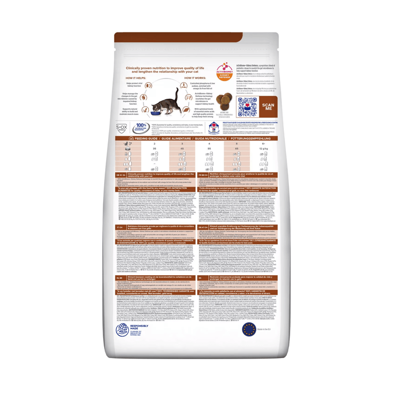 Back view of bag of Hills Prescription Diet Kidney Care dry cat food packaged in a white bag on white background.