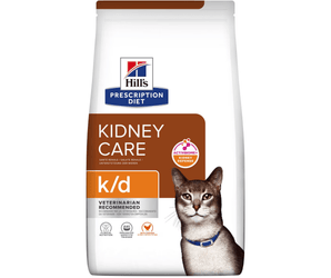 Hills Prescription Diet K/D Kidney Care chicken flavour dry cat food packaged in a white bag with an adult grey cat pictured on the bag. Text on bag says 'Hill's Prescription Diet, Kidney Care' and 'K/D', Veterinarian recommended' pictured on white background. 