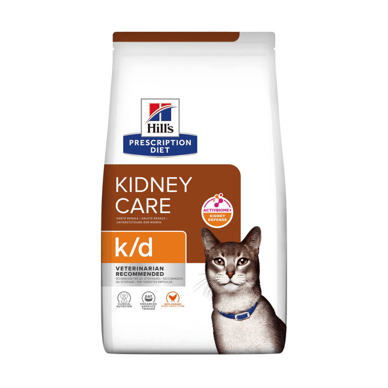 Hills Prescription Diet K/D Kidney Care chicken flavour dry cat food packaged in a white bag with an adult grey cat pictured on the bag. Text on bag says 'Hill's Prescription Diet, Kidney Care' and 'K/D', Veterinarian recommended' pictured on white background. 