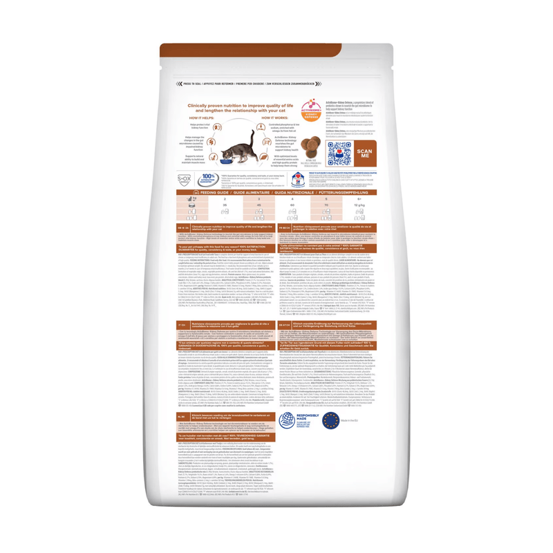 Back view of bag of Hills Prescription Diet Kidney Care Tuna dry cat food packaged in a white bag on white background.