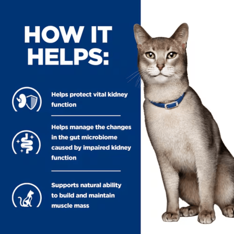 Picture of an adult grey cat pictured next to a blue section with white text stating 'How it helps: Helps protect vital kidney function, Helps manage the changes in the gut microbiome caused by impaired kidney function, Support natural ability to build and maintain muscle mass'. 