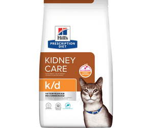 Hills Prescription Diet K/D Kidney Care Tuna flavour dry cat food packaged in a white bag with an adult grey cat pictured on the bag. Text on bag says 'Hill's Prescription Diet, Kidney Care' and 'K/D', Veterinarian recommended' pictured on white background. 