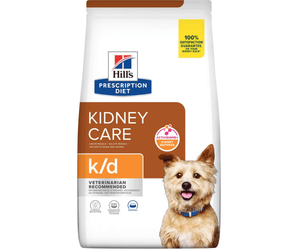 Hills Prescription Diet Kidney Care dry dog food packaged in a white bag with an adult Cairn Terrier dog pictured on the bag. Text on bag says 'Hill's Prescription Diet, Kidney Care' and 'K/D, Veterinarian recommended' pictured on white background. 