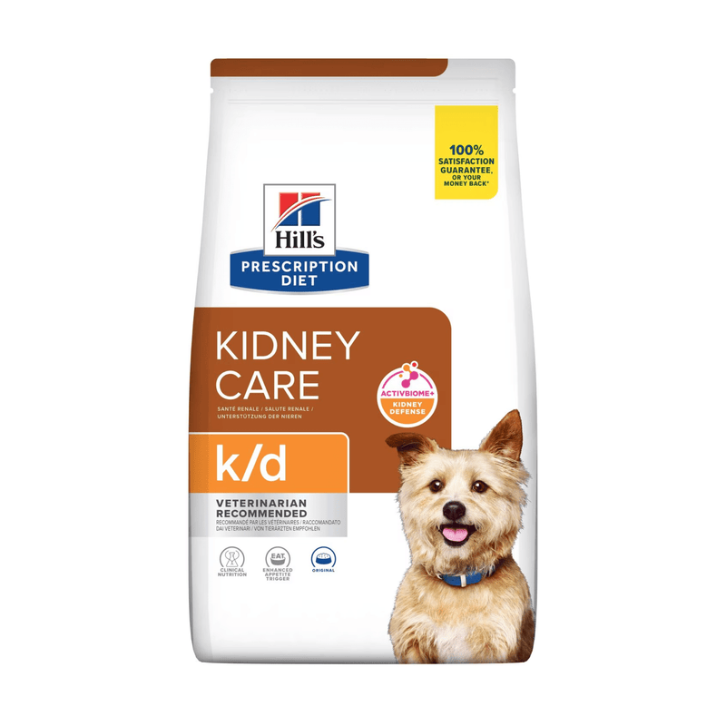 Hills Prescription Diet Kidney Care dry dog food packaged in a white bag with an adult Cairn Terrier dog pictured on the bag. Text on bag says 'Hill's Prescription Diet, Kidney Care' and 'K/D, Veterinarian recommended' pictured on white background. 