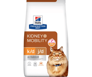 Hills Prescription Diet K/D J/D Kidney + Mobility dry cat food packaged in a white bag with an adult long haired ginger tabby cat pictured on the bag. Text on bag says 'Hill's Prescription Diet, Kidney + Mobility' and 'K/D, J/D Veterinarian recommended' pictured on white background. 