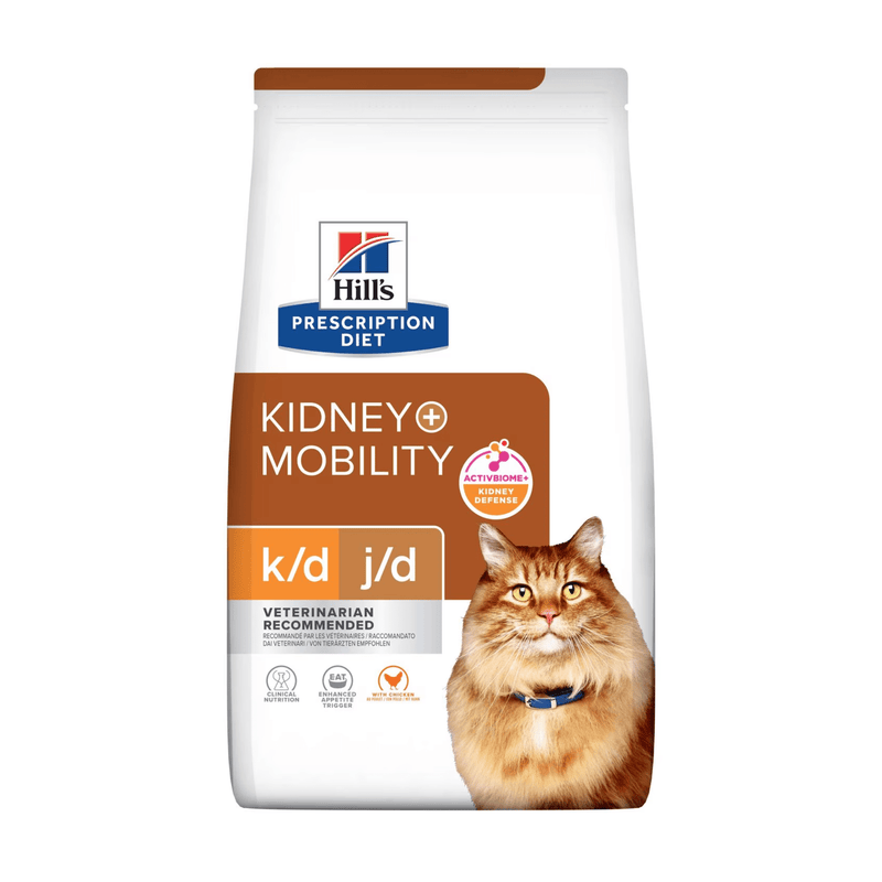 Hills Prescription Diet K/D J/D Kidney + Mobility dry cat food packaged in a white bag with an adult long haired ginger tabby cat pictured on the bag. Text on bag says 'Hill's Prescription Diet, Kidney + Mobility' and 'K/D, J/D Veterinarian recommended' pictured on white background. 