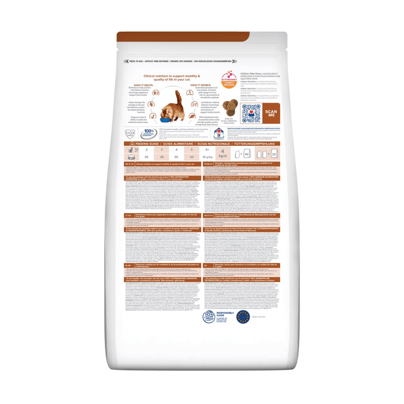 Back view of bag of Hills Prescription Diet Kidney + Mobility dry cat food packaged in a white bag on white background.