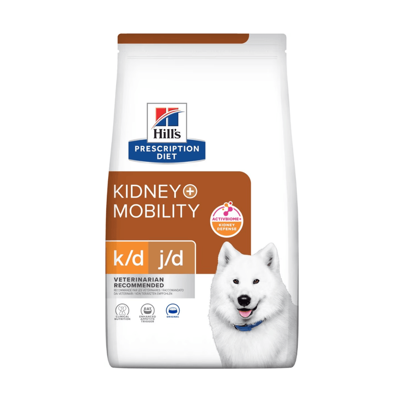 Hills Prescription Diet Kidney Care dry dog food packaged in a white bag with an adult Samoyed dog pictured on the bag. Text on bag says 'Hill's Prescription Diet, Kidney + Mobility' and 'K/D & J/D, Veterinarian recommended' pictured on white background. 