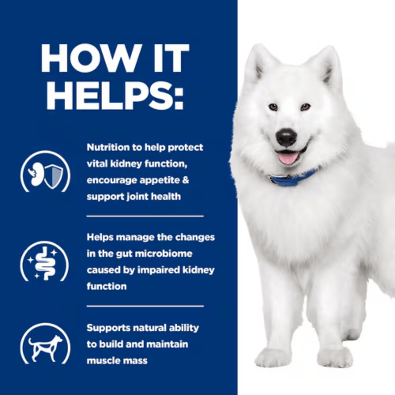 Picture of an adult Samoyed dog pictured next to a blue section with white text stating 'How it helps: Nutrition to help protect vital kidney function, encourage appetite & support joint health, Helps manage the changes in the gut microbiome caused by impaired kidney function, Supports natural ability to build and maintain muscle mass.'