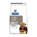 Hills Prescription Diet Liver Care L/D dry dog food packaged in a white bag with a Yorkshire terrier dog pictured on the bag. Text on bag says 'Hill's Prescription Diet, Liver Care' and 'L/D, Veterinarian recommended' pictured on white background.