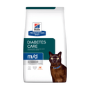 Hills Prescription Diet M/D Food Sensitivities dry cat food packaged in a white bag with an adult brown cat pictured on the bag. Text on bag says 'Hill's Prescription Diet, Diabetes Care' and 'M/D, Veterinarian recommended' pictured on white background. 