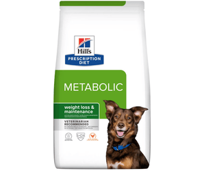 Hills Prescription Diet Digestive Care dry dog food packaged in a white bag with an adult brown and tan collie-type dog pictured on the bag. Text on bag says 'Hill's Prescription Diet, Metabolic' and 'Weight loss & Maintenance, Veterinarian recommended' pictured on white background. 