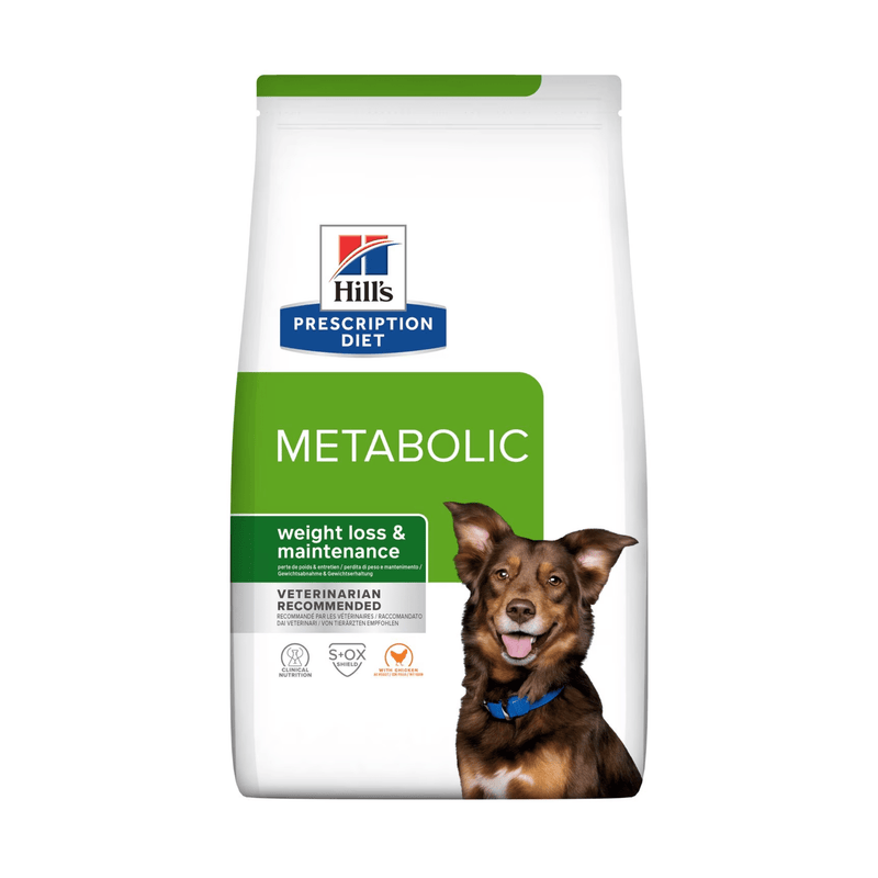 Hills Prescription Diet Digestive Care dry dog food packaged in a white bag with an adult brown and tan collie-type dog pictured on the bag. Text on bag says 'Hill's Prescription Diet, Metabolic' and 'Weight loss & Maintenance, Veterinarian recommended' pictured on white background. 