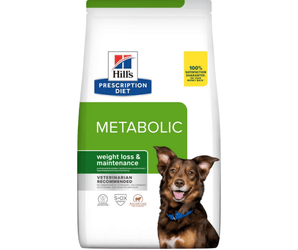 Hills Prescription Diet Digestive Care dry dog food packaged in a white bag with an adult brown and tan collie-type dog pictured on the bag. Text on bag says 'Hill's Prescription Diet, Metabolic' and 'Weight loss & Maintenance, Veterinarian recommended' pictured on white background. 