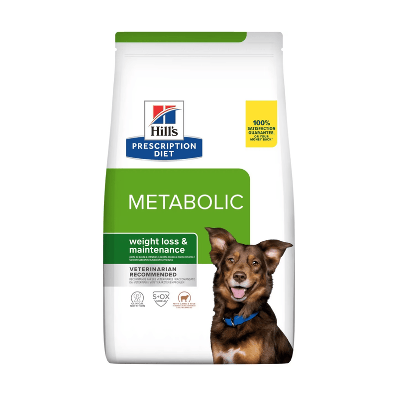 Hills Prescription Diet Digestive Care dry dog food packaged in a white bag with an adult brown and tan collie-type dog pictured on the bag. Text on bag says 'Hill's Prescription Diet, Metabolic' and 'Weight loss & Maintenance, Veterinarian recommended' pictured on white background. 