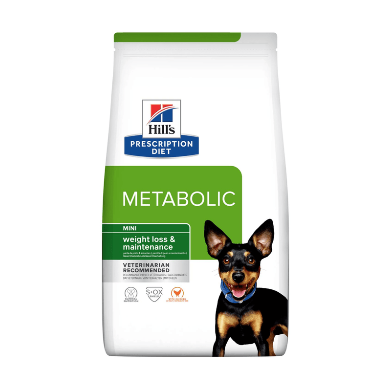 Hills Prescription Diet Digestive Care dry dog food packaged in a white bag with an adult black and tan terrier dog pictured on the bag. Text on bag says 'Hill's Prescription Diet, Metabolic' and 'Weight loss & Maintenance, Veterinarian recommended' pictured on white background. 