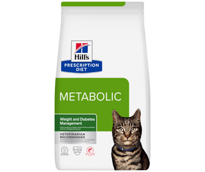 Hills Prescription Diet Metabolic dry cat food with Salmon packaged in a white bag with an adult brown tabby cat pictured on the bag. Text on bag says 'Hill's Prescription Diet, Metabolic' and 'Weight and Diabetes Management, Veterinarian recommended' pictured on white background. 