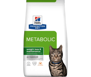 Hills Prescription Diet Metabolic dry cat food with Chicken packaged in a white bag with an adult brown tabby cat pictured on the bag. Text on bag says 'Hill's Prescription Diet, Metabolic' and 'Weight loss & maintenance, Veterinarian recommended' pictured on white background. 