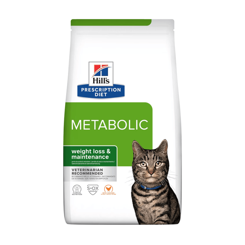 Hills Prescription Diet Metabolic dry cat food with Chicken packaged in a white bag with an adult brown tabby cat pictured on the bag. Text on bag says 'Hill's Prescription Diet, Metabolic' and 'Weight loss & maintenance, Veterinarian recommended' pictured on white background. 