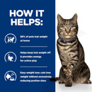 Picture of an adult brown tabby cat pictured next to a blue section with white text stating 'How it helps: 88% of pets lost weight at home, Helps keep lost weight off & provides energy for active play, Easy weight loss: cats lose weight without excessively reducing portion sizes.'