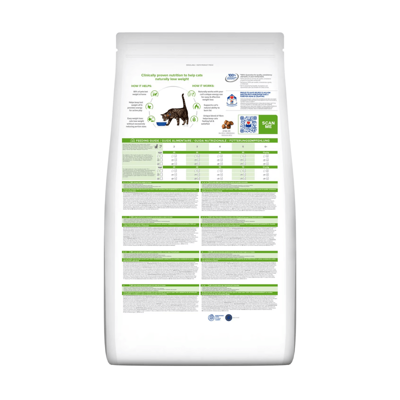 Back view of bag of Hills Prescription Diet Metabolic dry cat food with tuna packaged in a white bag on white background.