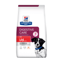 Hills Prescription Diet Digestive Care dry dog food packaged in a white bag with a black and white dog pictured on the bag. Text on bag says 'Hill's Prescription Diet, Digestive Care' and 'Mini I/D stress, Veterinarian recommended' pictured on white background.