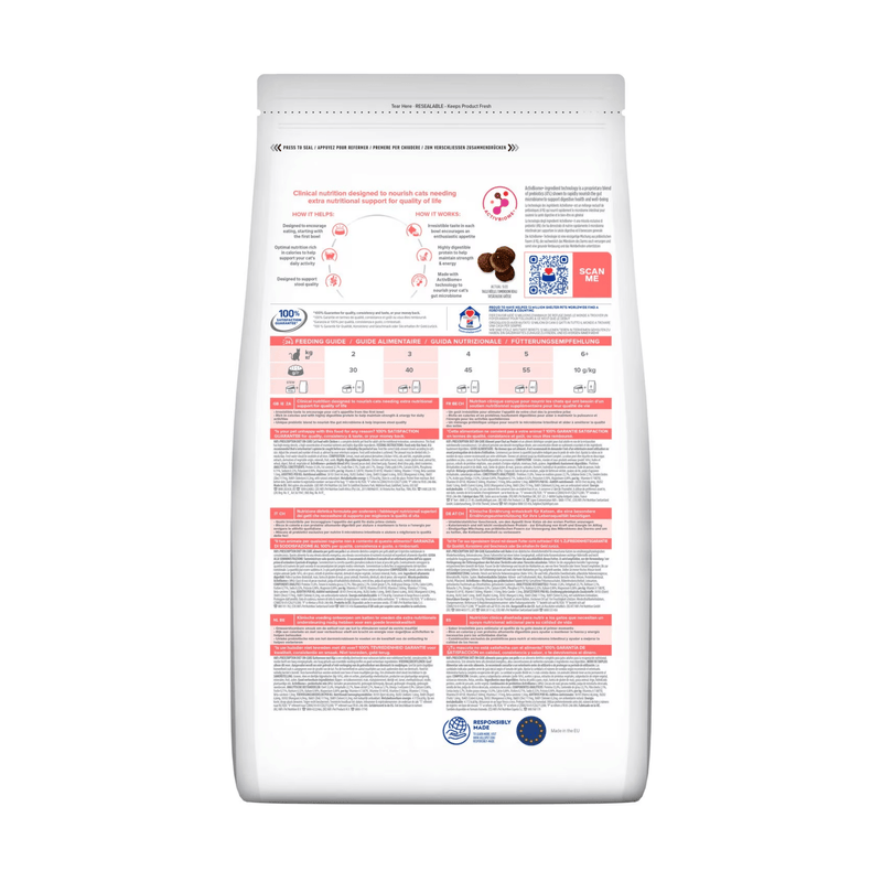 Back view of bag of Hills Prescription Diet On-Care dry cat food packaged in a white bag on white background.