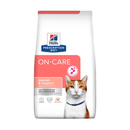 Hills Prescription Diet On Care dry cat food packaged in a white bag with an adult ginger and white cat pictured on the bag. Text on bag says 'Hill's Prescription Diet, On-Care' and 'Nourish & Support', Veterinarian recommended' pictured on white background. 