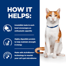 Picture of an adult ginger and white cat pictured next to a blue section with white text stating 'How it helps: Irresistible taste in each bowl encourages an enthusiastic appetite, Highly digestible protein to help maintain strength & energy, Made with ActivBiome+ technology to nourish your cat's gut microbiome.' 