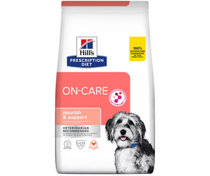 Hills Prescription Diet On Care dry dog food packaged in a white bag with a long haired grey adult dog pictured on the bag. Text on bag says 'Hill's Prescription Diet, On-Care' and 'Nourish & Support', Veterinarian recommended' pictured on white background. 