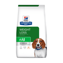 Hills Prescription Diet Urinary Care dry dog food packaged in a white bag with an adult Beagle dog pictured on the bag. Text on bag says 'Hill's Prescription Diet, Weight Loss' and 'R/D, Veterinarian recommended' pictured on white background. 