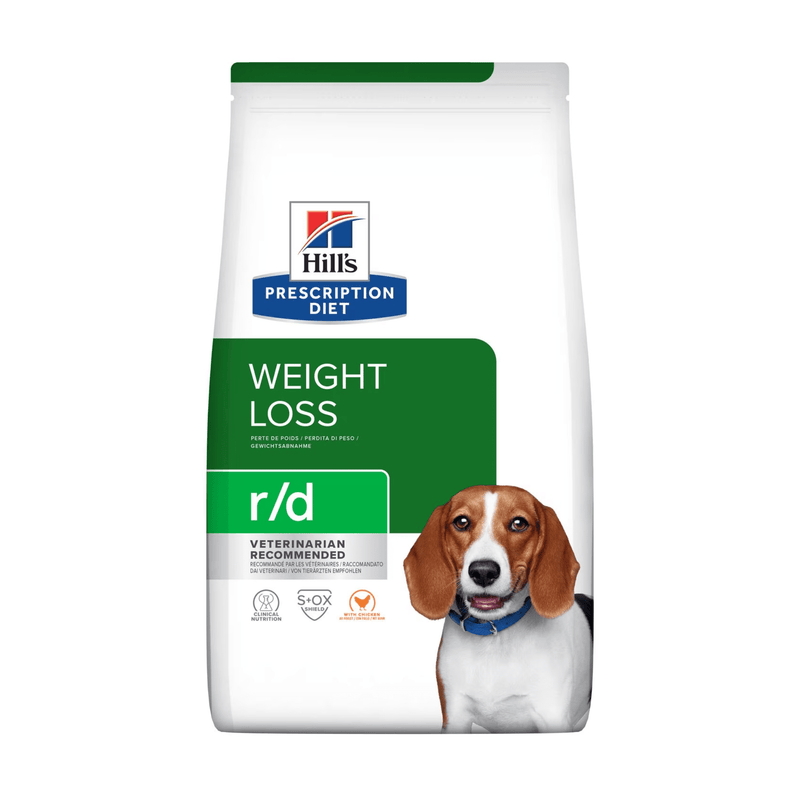 Hills Prescription Diet Urinary Care dry dog food packaged in a white bag with an adult Beagle dog pictured on the bag. Text on bag says 'Hill's Prescription Diet, Weight Loss' and 'R/D, Veterinarian recommended' pictured on white background. 