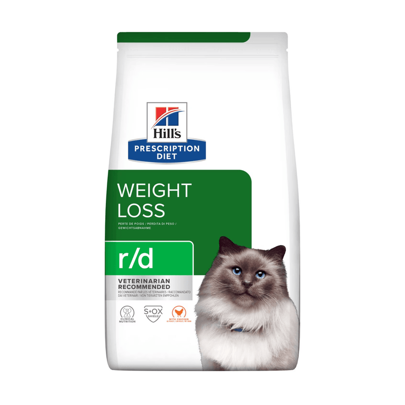 Hills Prescription Diet R/D Weight Loss dry cat food packaged in a white bag with an adult Ragdoll cat pictured on the bag. Text on bag says 'Hill's Prescription Diet, Weight Loss' and 'R/D, Veterinarian recommended' pictured on white background. 