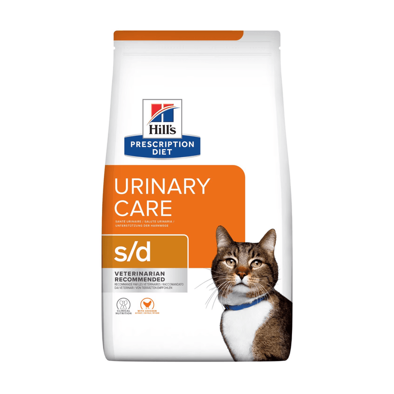 Hills Prescription Diet S/D Urinary Care dry cat food packaged in a white bag with an adult brown tabby and white cat pictured on the bag. Text on bag says 'Hill's Prescription Diet, Urinary Care' and 'S/D, Veterinarian recommended' pictured on white background. 