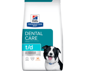 Hills Prescription Diet Dental Care T/D dry dog food packaged in a white bag with an adult black and white collie dog pictured on the bag. Text on bag says 'Hill's Prescription Diet, Dental Care' and 'T/D, Veterinarian recommended' pictured on white background. 