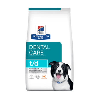 Hills Prescription Diet Dental Care T/D dry dog food packaged in a white bag with an adult black and white collie dog pictured on the bag. Text on bag says 'Hill's Prescription Diet, Dental Care' and 'T/D, Veterinarian recommended' pictured on white background. 