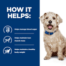 Picture of an adult terrier-type dog pictured next to a blue section with white text stating 'How it helps: Helps manage blood sugar, Helps maintain lean muscle mass, Helps maintain a healthy body weight.'