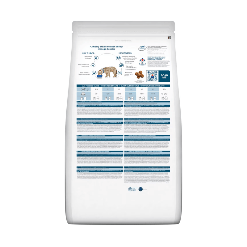 Back view of bag of Hills Prescription Diet W/D Diabetes Care dry food packaged in a white bag on white background.