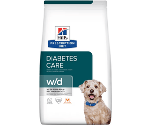 Hills Prescription Diet Diabetes Care dry dog food packaged in a white bag with an adult Terrier-type dog pictured on the bag. Text on bag says 'Hill's Prescription Diet, Diabetes Care' and 'W/D, Veterinarian recommended' pictured on white background. 