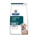 Hills Prescription Diet Diabetes Care dry dog food packaged in a white bag with an adult Terrier-type dog pictured on the bag. Text on bag says 'Hill's Prescription Diet, Diabetes Care' and 'W/D, Veterinarian recommended' pictured on white background. 