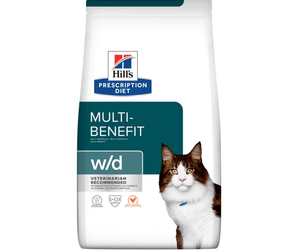 Hills Prescription Diet Multi-Benefit W/D dry cat food packaged in a white bag with an adult long haired brown tabby and white cat pictured on the bag. Text on bag says 'Hill's Prescription Diet, Multi-Benefit' and 'W/D, Veterinarian recommended' pictured on white background. 