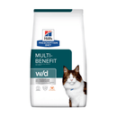 Hills Prescription Diet Multi-Benefit W/D dry cat food packaged in a white bag with an adult long haired brown tabby and white cat pictured on the bag. Text on bag says 'Hill's Prescription Diet, Multi-Benefit' and 'W/D, Veterinarian recommended' pictured on white background. 