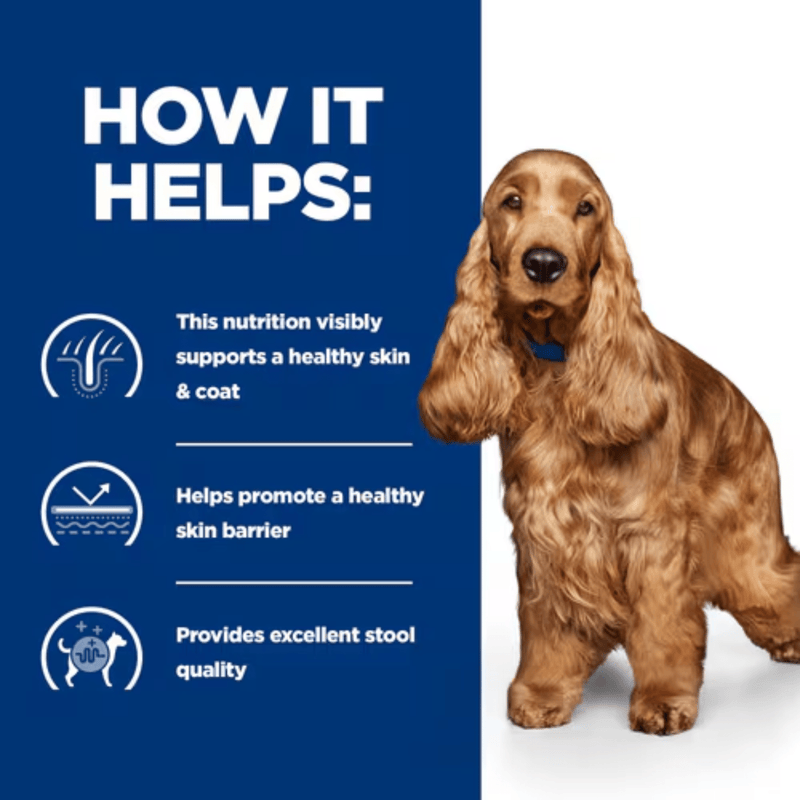 Picture of an adult brown cocker spaniel dog pictured next to a blue section with white text stating 'How it helps: This nutrition visibly supports a healthy skin & coat, Helps promote a healthy skin barrier, Provides excellent stool quality'. 