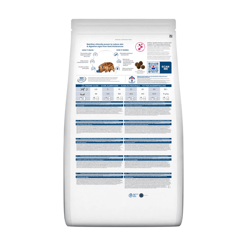 Back view of bag of Hills Prescription Diet Food Sensitivities Z/D dry food packaged in a white bag on white background.