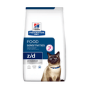 Hills Prescription Diet Z/D Food Sensitivities dry cat food packaged in a white bag with an adult Siamese cat pictured on the bag. Text on bag says 'Hill's Prescription Diet, Food Sensitivities' and 'Z/D, Veterinarian recommended' pictured on white background. 